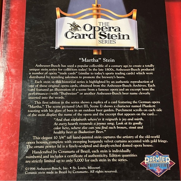 Anheuser-Busch "MARTHA" STEIN Ceramic Opera Card Ltd Ed Bud CS300 With Box - Picture 3 of 13